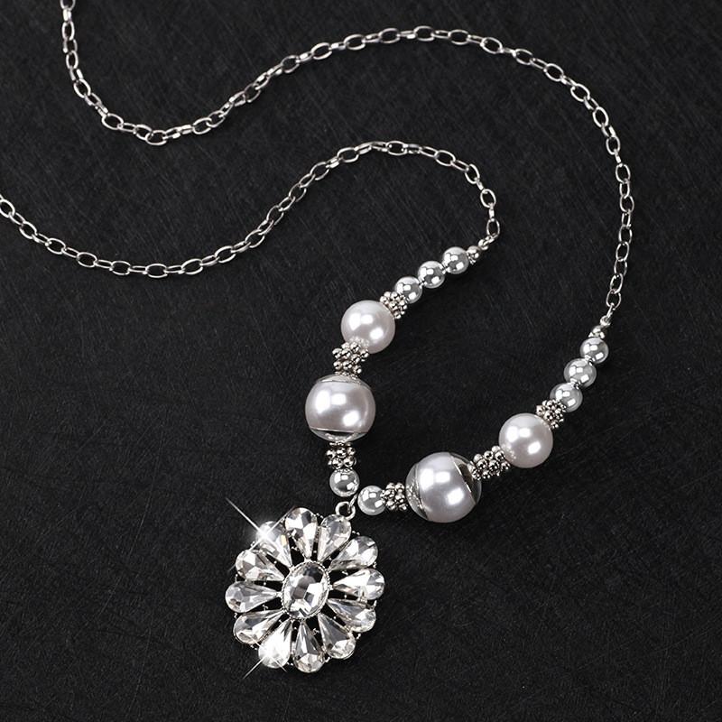 Womens Gorgeous Long Crystal Flower Pendant Necklace In Elegant Korean Pearl Style