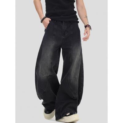 Mens Relaxed Fit Washed Denim Pants Vintage Curved Cut Straight Leg Trousers Casual Daily Wear