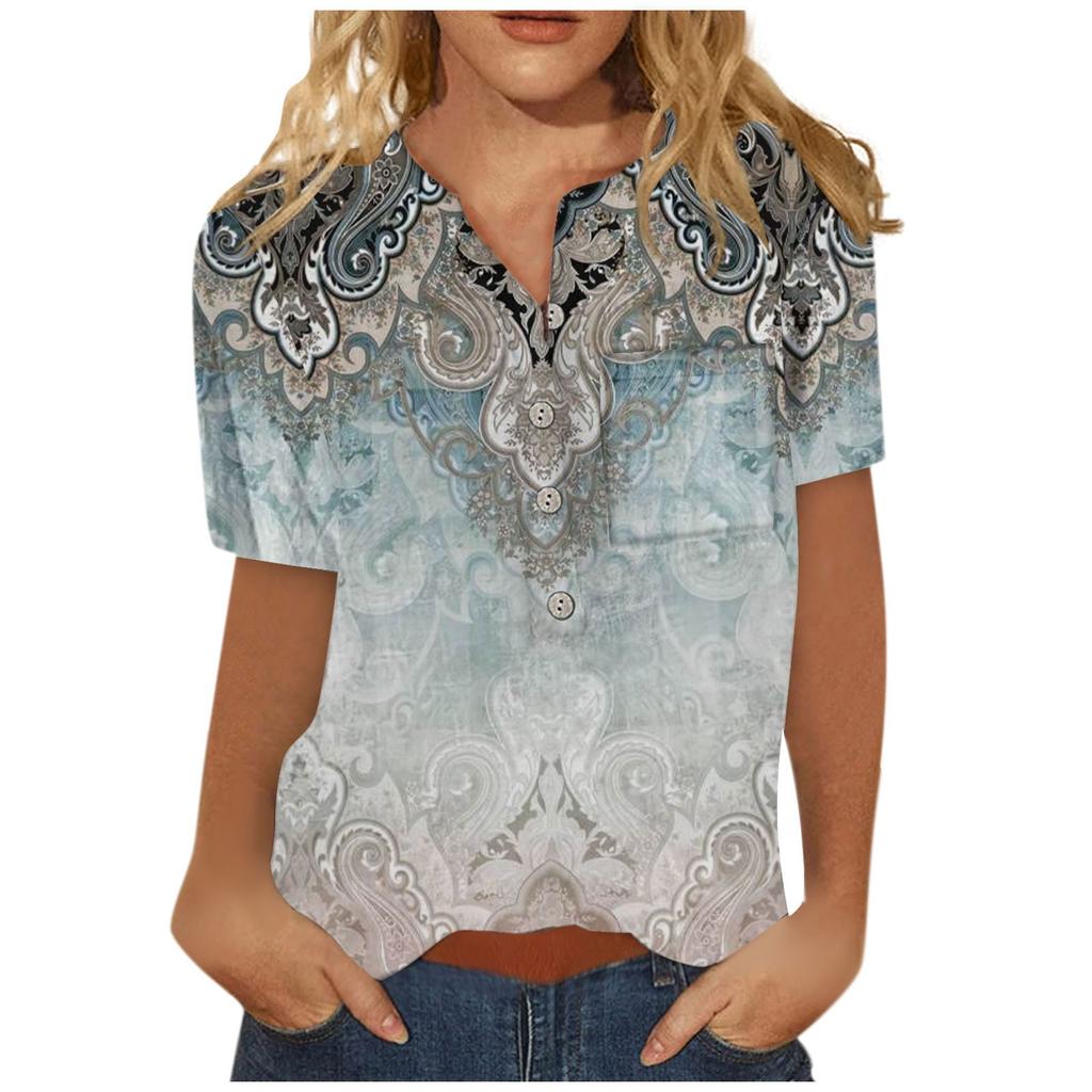 Damen Sommer Casual Fashion Baumwolle Leinen bedruckt Damen Kurzarm Shirt Tops