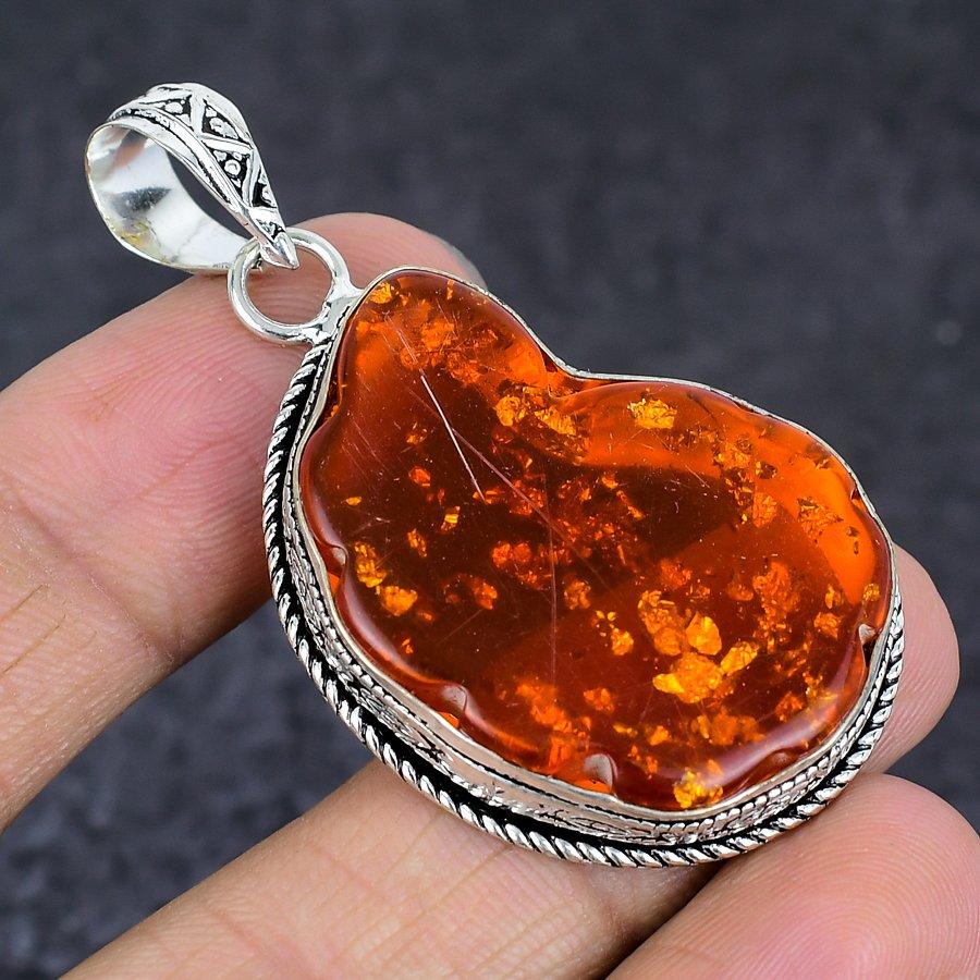 Natural Baltic Amber Gemstone 925 Sterling Silver Jewelry Pendant 2.25" O8I66