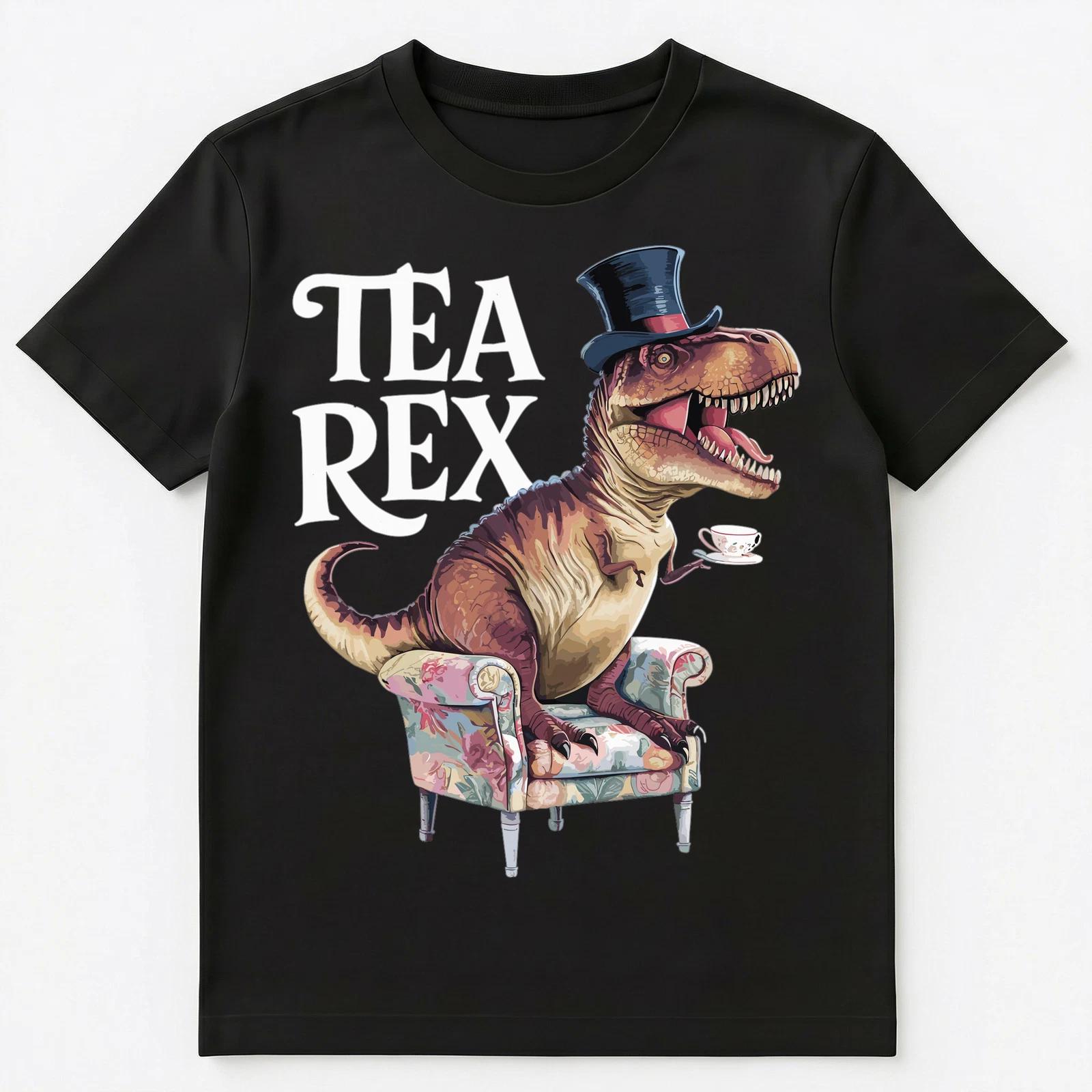 Funny T Rex Dinosaur In A Top Hat Drinking Tea Unisex T-Shirt XL
