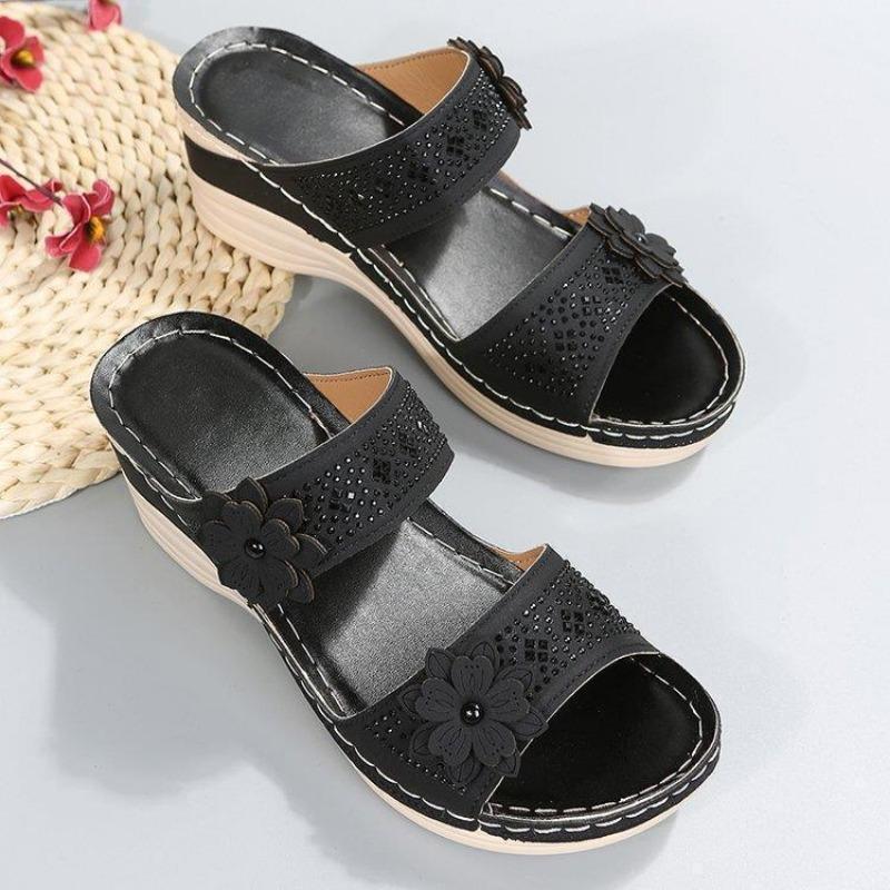 New flower sandals women's shoes car line leisure vacation beach slope heel comfortable large size foreign trade