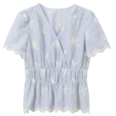 Sancai 2026 Summer Striped Embroidered V-Neck Blouse