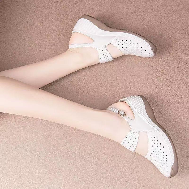 Baotou Hollow Hole Sandals Women's Summer New Soft Leather Round Head Comfortable Wedge Heel Casual Women's Shoes