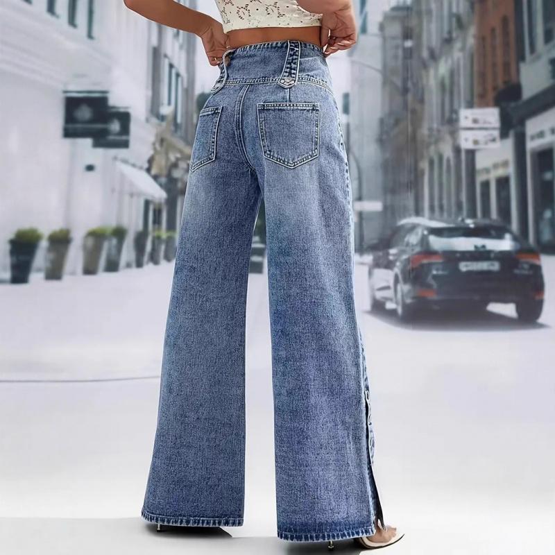 2026 Spring/Summer New Women's High-Waisted Vintage Buttoned Denim Wide-Leg Pants with Split Hem