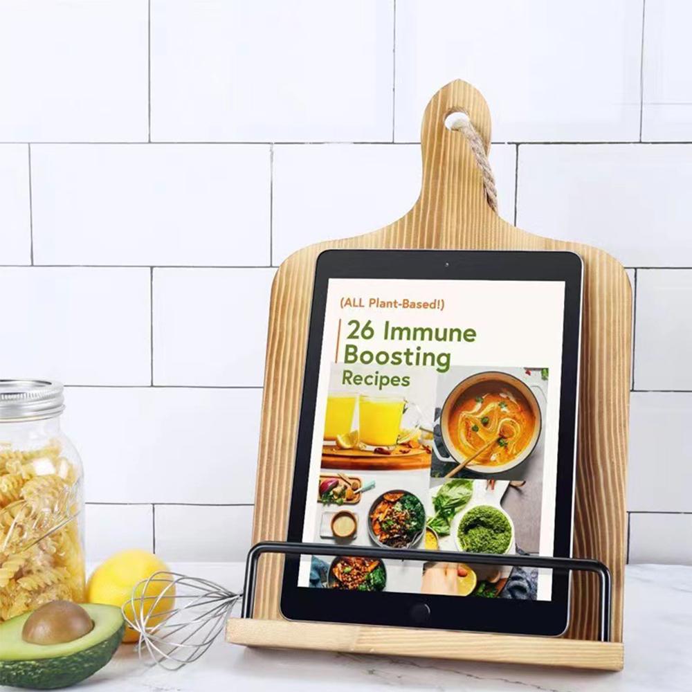 Adjustable Recipe Book Wooden Holder Bracket with Anti-Slip Kickstand