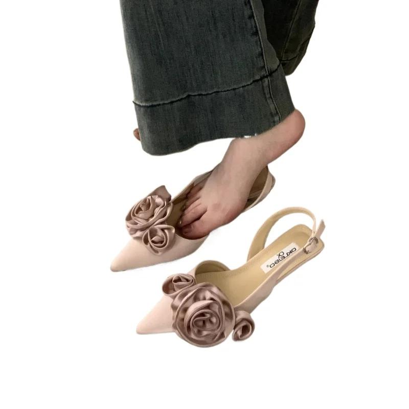 Fashion Elegant Woman Sandals High Heeled Sweet Rose Closed Toe Footwear 2024 Summer Slingback Pointed Fashion Dress Ladies Shoes