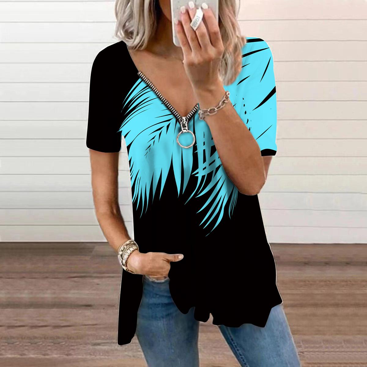 

Женский топ, летний новый модный синий топ с принтом листьев бамбука, повседневный топ на молнии с v-образным вырезом и короткими рукавами L светло-синий