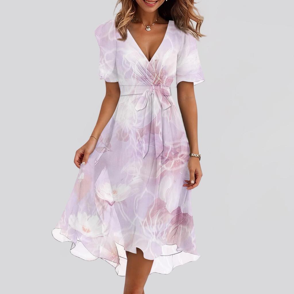 Women's Fashion Casual V Neck Short Sleeve Ruffled Vintage Printed Dresses