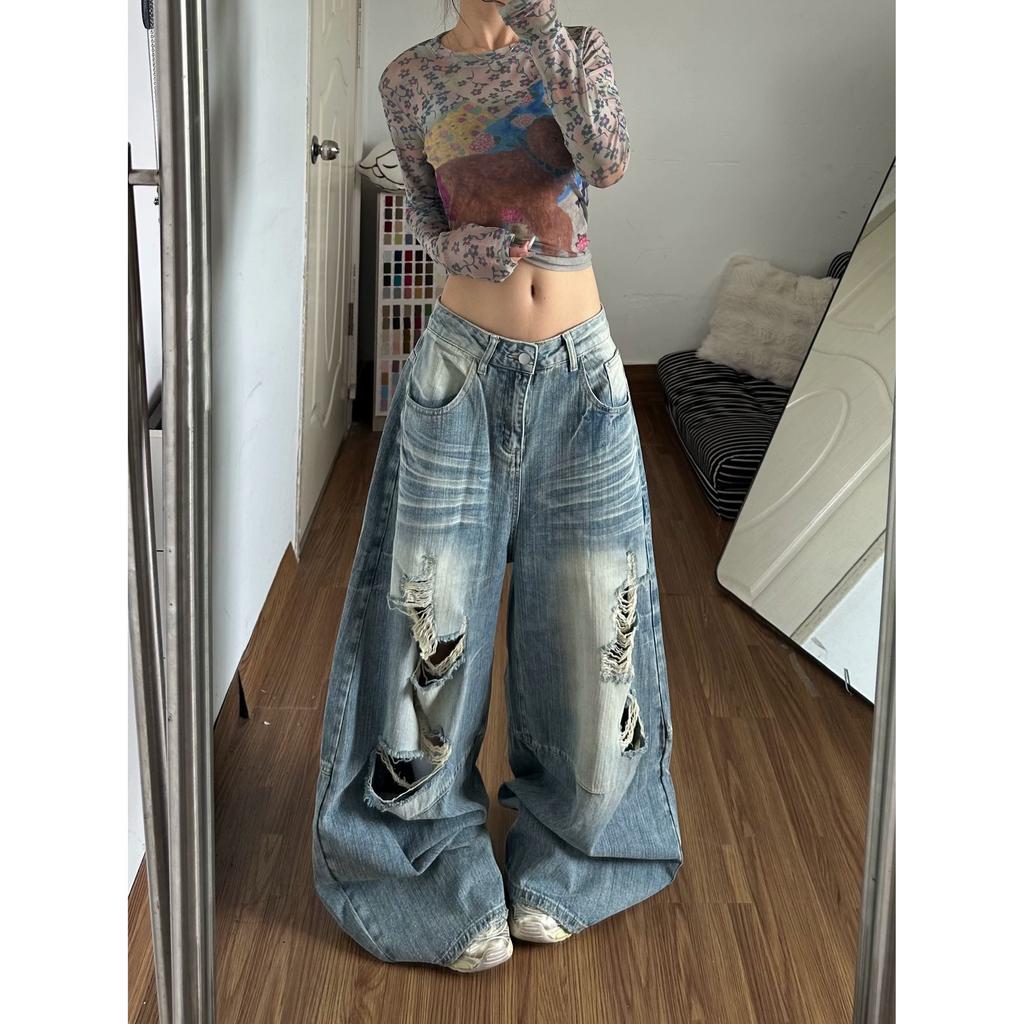 American retro washed ripped machete jeans pants men's and women's summer new loose wide-leg floor pants