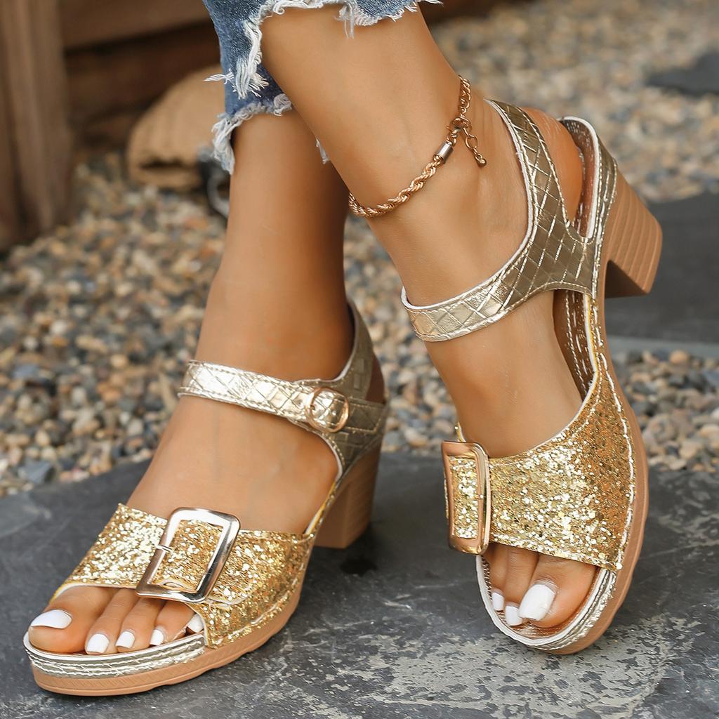 European and American foreign trade large size sequins Velcro high-heeled sandals women's new thick-heeled fish mouth sandals ebay