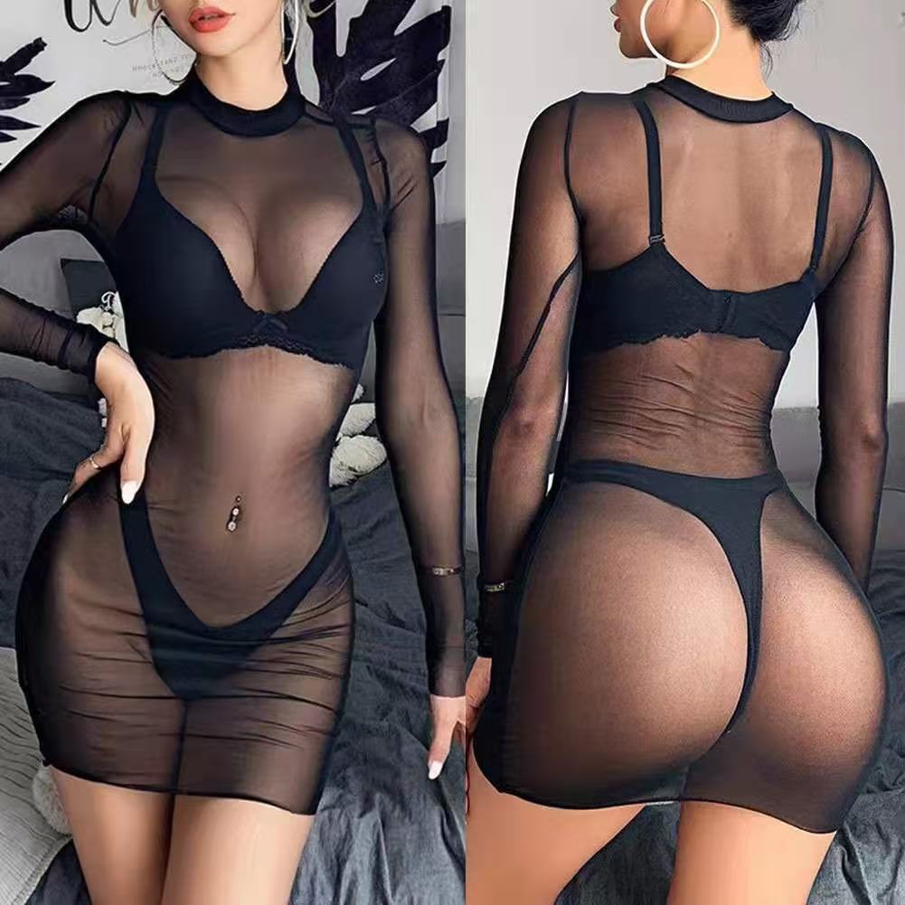 European and American Large-size Mesh Yarn Body Wrap Perspective Slim Long-sleeved Erotic Underwear Hip Wrap Temptation Sexy Black Light Base