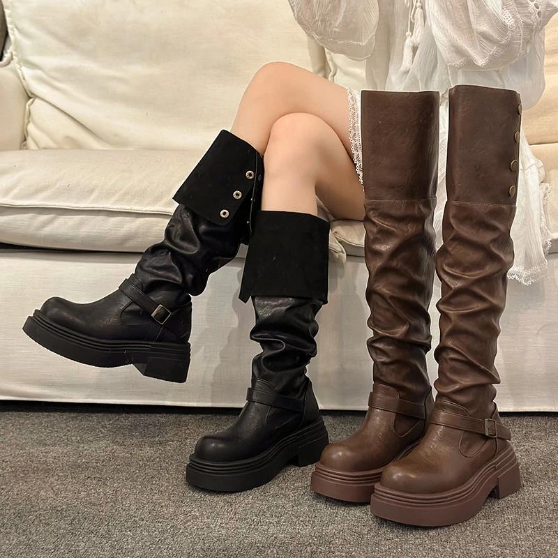 Women's Winter Studded Knee-high Boots Square Heel Round Head Middle Follow High Boots Sleeve Outdoor Leisure Fashion Shoes 2025