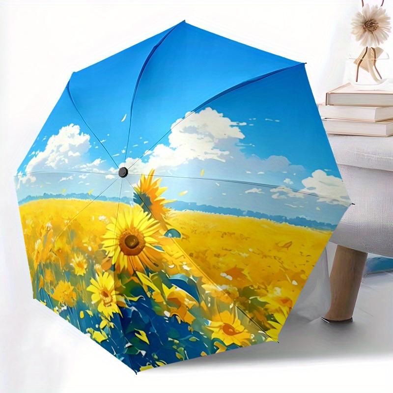 1pc Sunflower Field Auto Open/close, All-Season Portable Folding Umbrella for Women & Men, Travel, Everyday, Formal Events - Compact Luxury Parasol, O