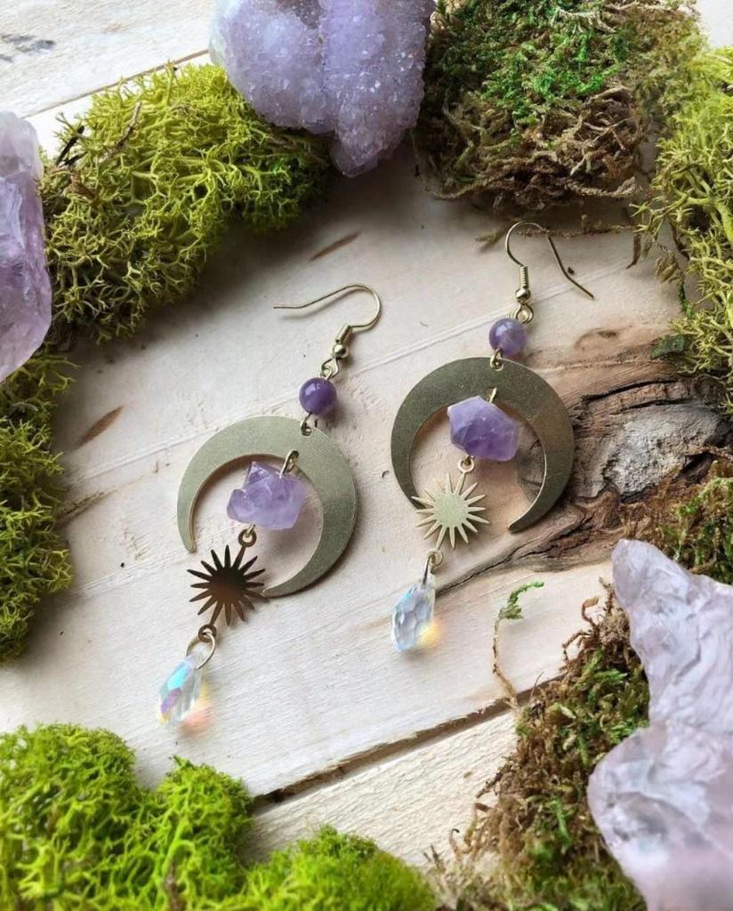 Boho Nebeské Náušnice so Slnkom a Mesiacom a Kryštálmi