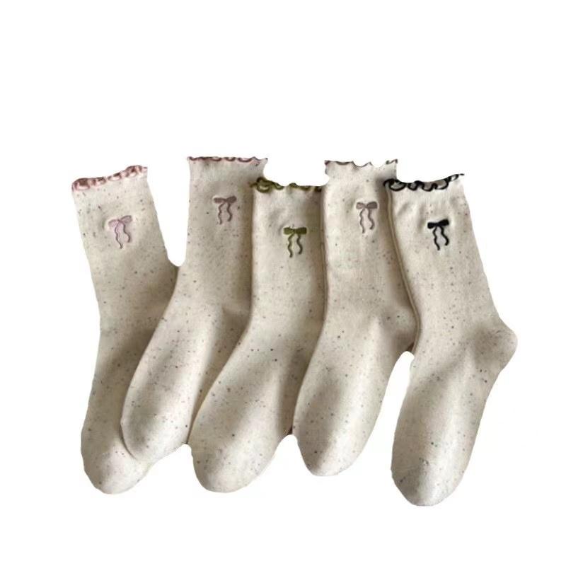 5 Pairs Women's Autumn And Winter New Style Simple And Trendy Dot Fungus Edge Mid Tube Socks With Lace Bow Women's Long Socks