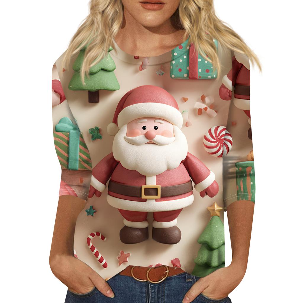 Women's Fashion Casual Round Neck Three-quarter Sleeve Christmas Print T-shirt Top