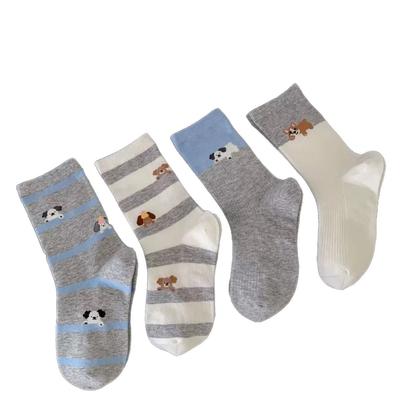 Cartoon-Socken, Nahtlose Wadenlange Socken für Mädchen, Niedlicher Farbblock-Streifenwelpe, Lange Socken im Schulstil für Frühling und Herbst