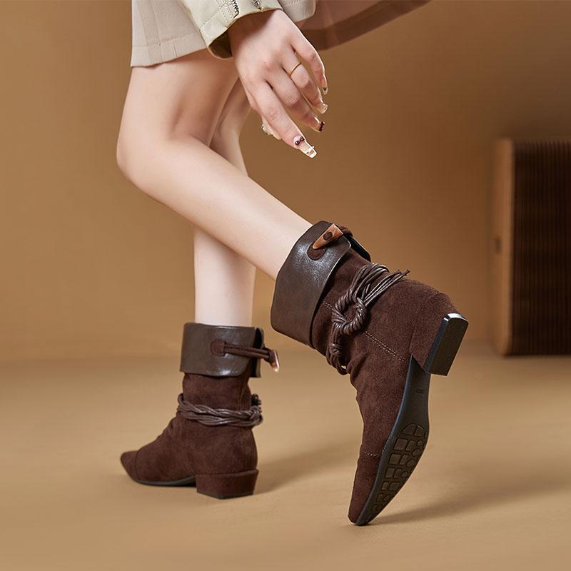 Neue Damen Cowboy Stiefel Spitz Zehenbereich Plissierte Damen Stiefeletten Übergröße Vintage Motorradstiefel Damen