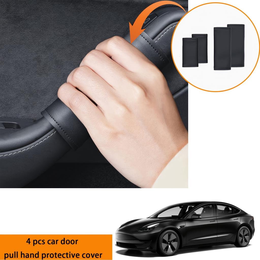 4Pcs/set Soft Leather Car Door Handle Covers, Easy Install, Comfort Grip, Magic Tape Design for Model 3/Y Interior Accessories