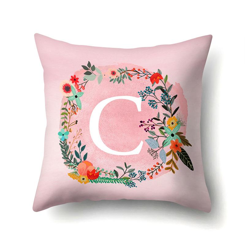 Polyester Pillowcase Pink Flower Home Decoration Print 26 English Letter Cushion Pillowcase