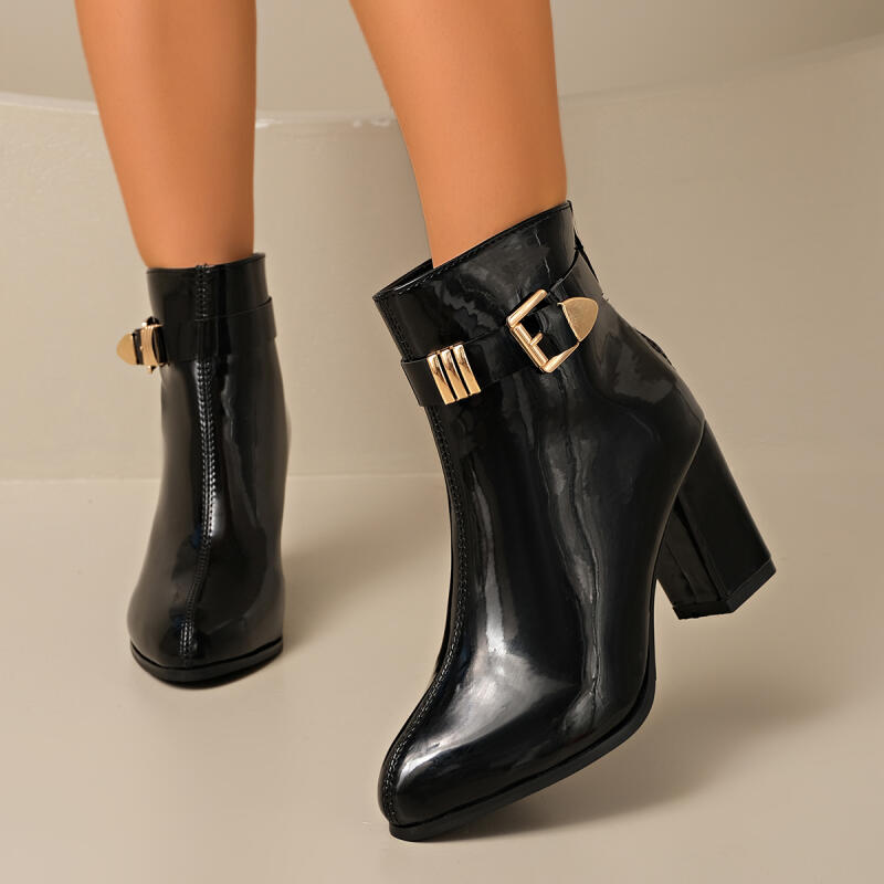 Sexy Patent Leather Black Ankle Boots Women Winter Metal Buckle High Heel Chelsea Boots Gold Decoration Designer Shoes Lady
