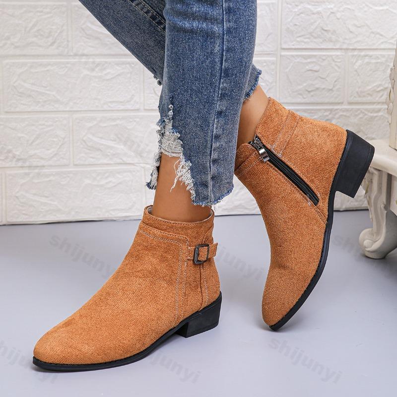Women's Chelsea Boots 2026 Autumn Belt Buckle Leopard Print Pointed Toe Thick Heel Retro Women Short Boots Large Size 36-43