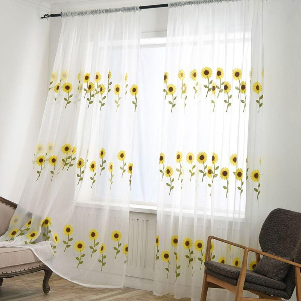Elegant Sheer Curtains Gauze Transparent Curtain Sunflower Tulle Curtain  Home Decoration