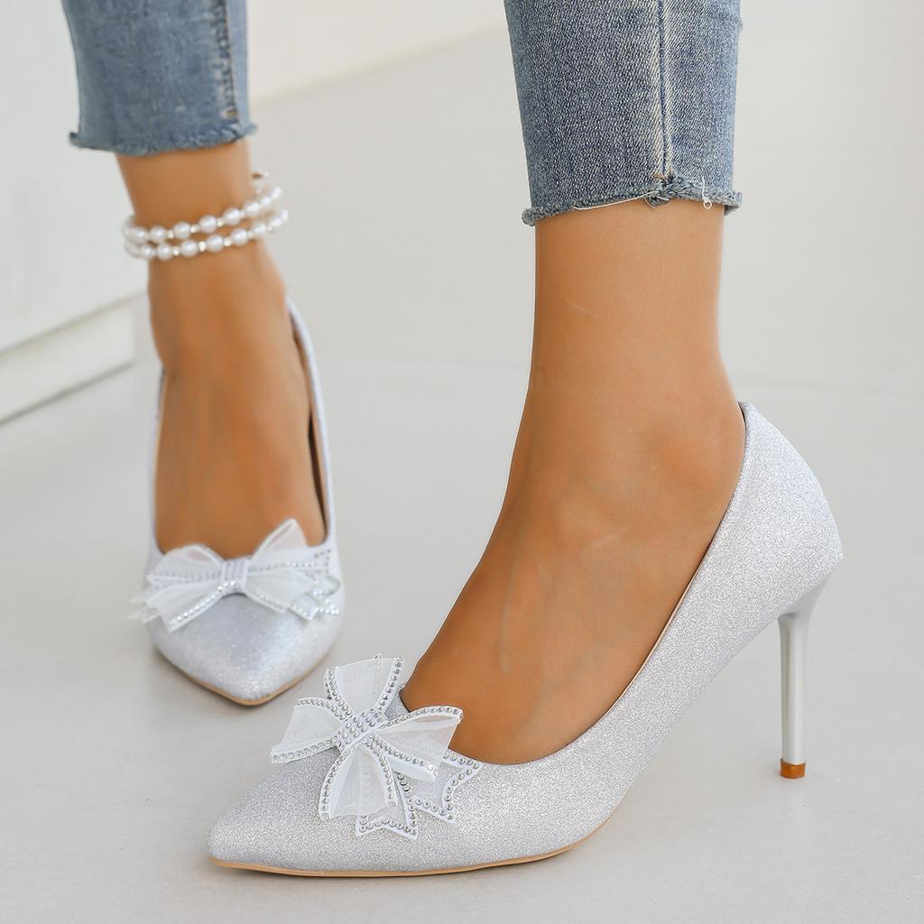 Fashion Brand Design Bowknot Decoration Pumps Women 2025 Summer Sexy Pointed Toe Super High Heel Pumps Luxury Glitter Wedding Shoes