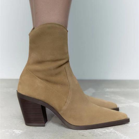 Fashion 2025 Brand Women Warm Winter Boots Women's Mid High-Heeled Pointed Short Knitted Socks Boots Thick Heel Black Booties
