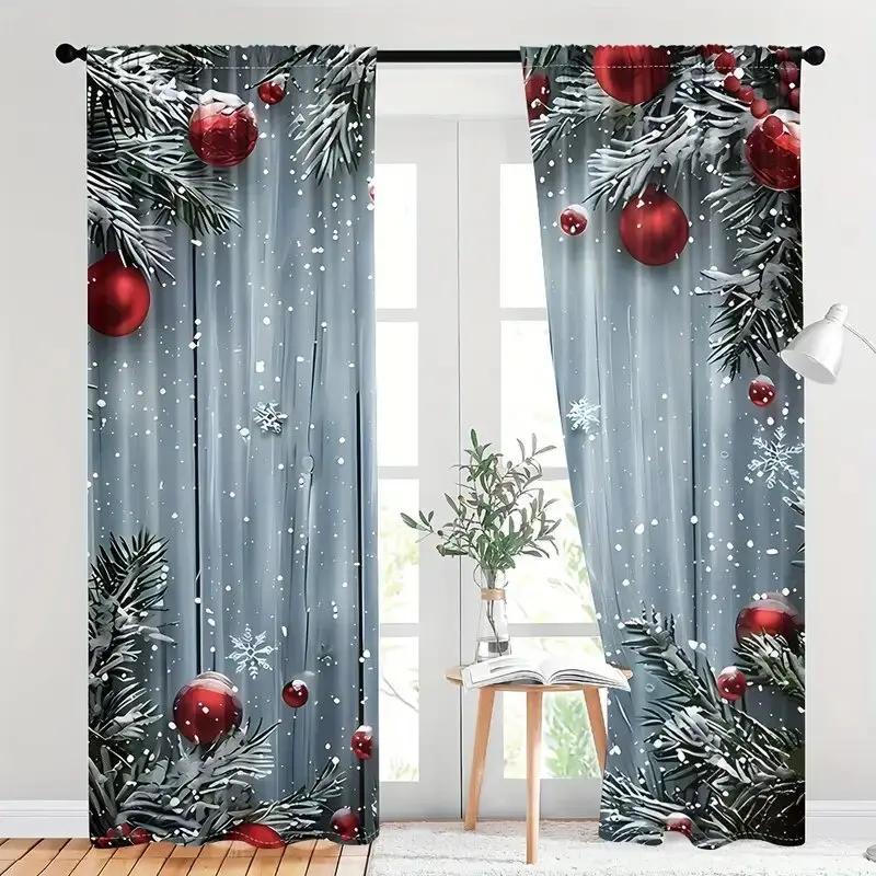 Set Of 2 Christmas Decorative Pattern Printed Curtains Window Decorations Home Room Made Polyester