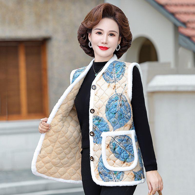 Autumn Winter Women's Flocking Vest Thick Warm Printed Fleece Cardigan Vest Outwear