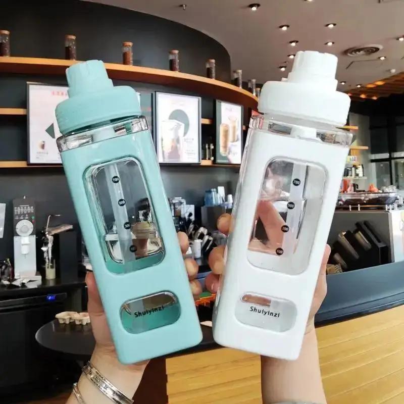 New 700/900ml Summer Water Bottle With Straw Clear Scale Plastic Portable School Drinking Bottle Student Juice Tea Water Cups