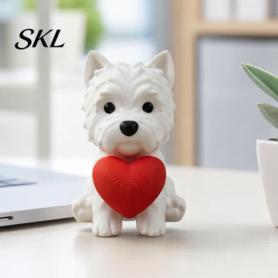 Office Desk Pet Decor 3D Printed West Highland Terrier Figurine, Cute Dog Statue Holding Red Heart, Heart Ornament Car Dashboard Decor, Romantic