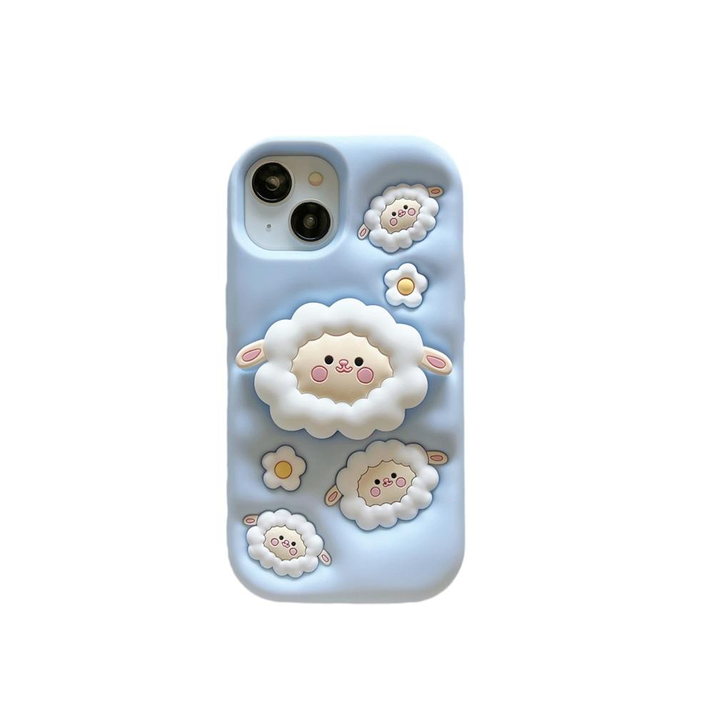 

For iPhone 13 14 15 16 17 Pro Max Cute Cartoon 3D Sheep Soft Silicone Case Phone Back Cover Bracket For iPhone 13 синий