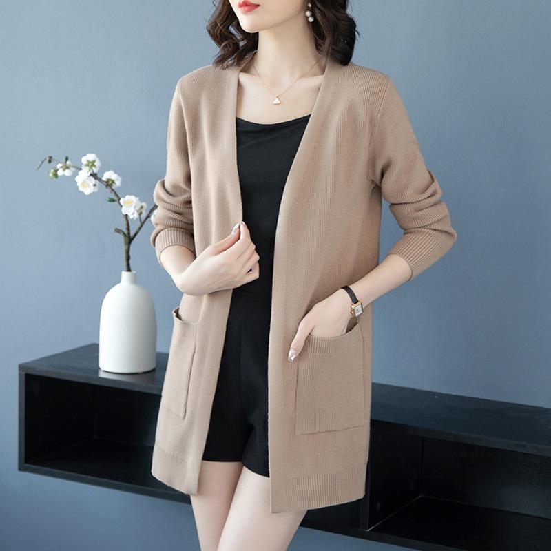 Spring and Autumn Thin Knitted Cardigan Women's Medium and Long Sweater Jacket Fat Mom Large Size Shawl with Loose Top Women