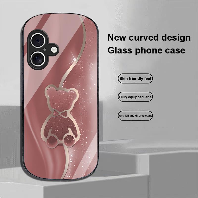 Trompe L'oeil Bear For Apple IPhone 16 11 13 15 14 Pro Max 12 Mini 7 8 Plus XR X XS Elliptical Shaped Tempered Glass Phone Case