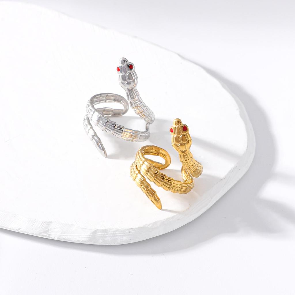 Gold Plated Snake Shape Stainless Steel Ring - European & American Fashion, French Retro Titanium Steel Jewelry.