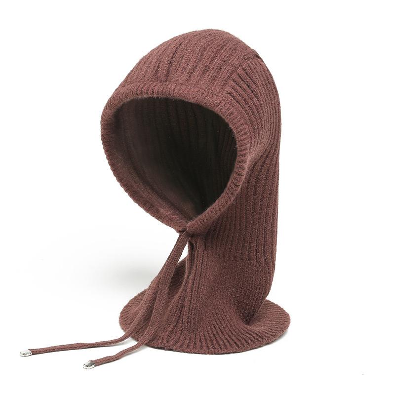 Winter Scarf And Hat Integrated For Outdoor Cycling, Warm Knit Scarf, Woolen Hat, Ear Protection, Solid Color Scarf, Drawstring