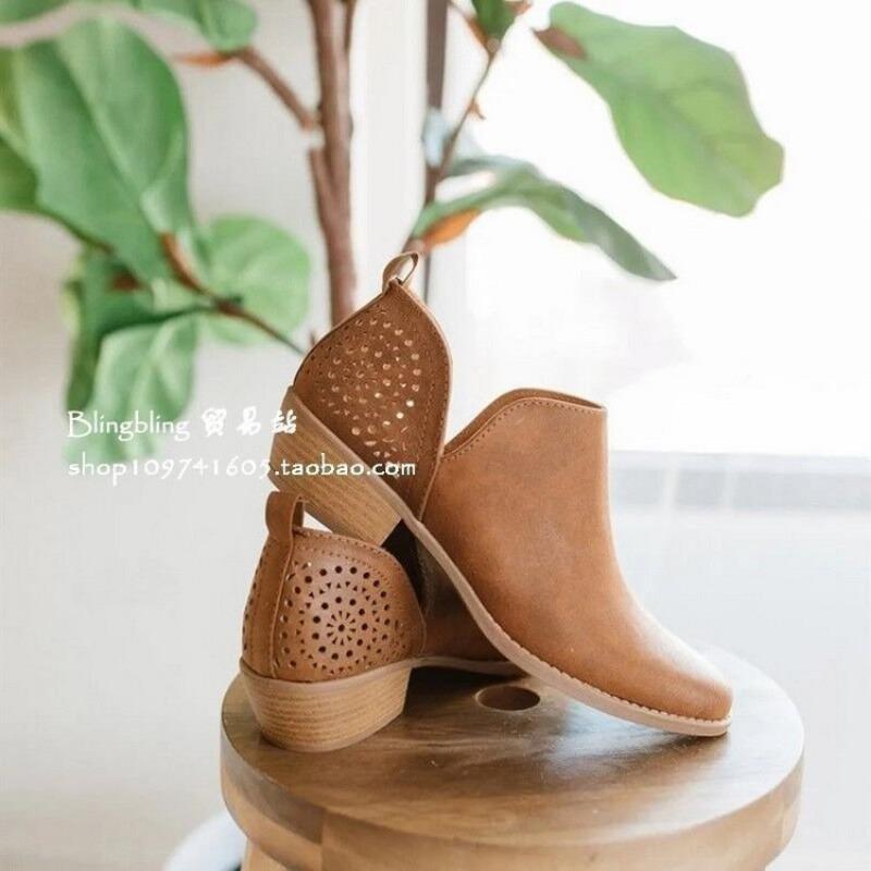 Chelsea boots autumn and winter new hollow pointed low tube square heel women's boots