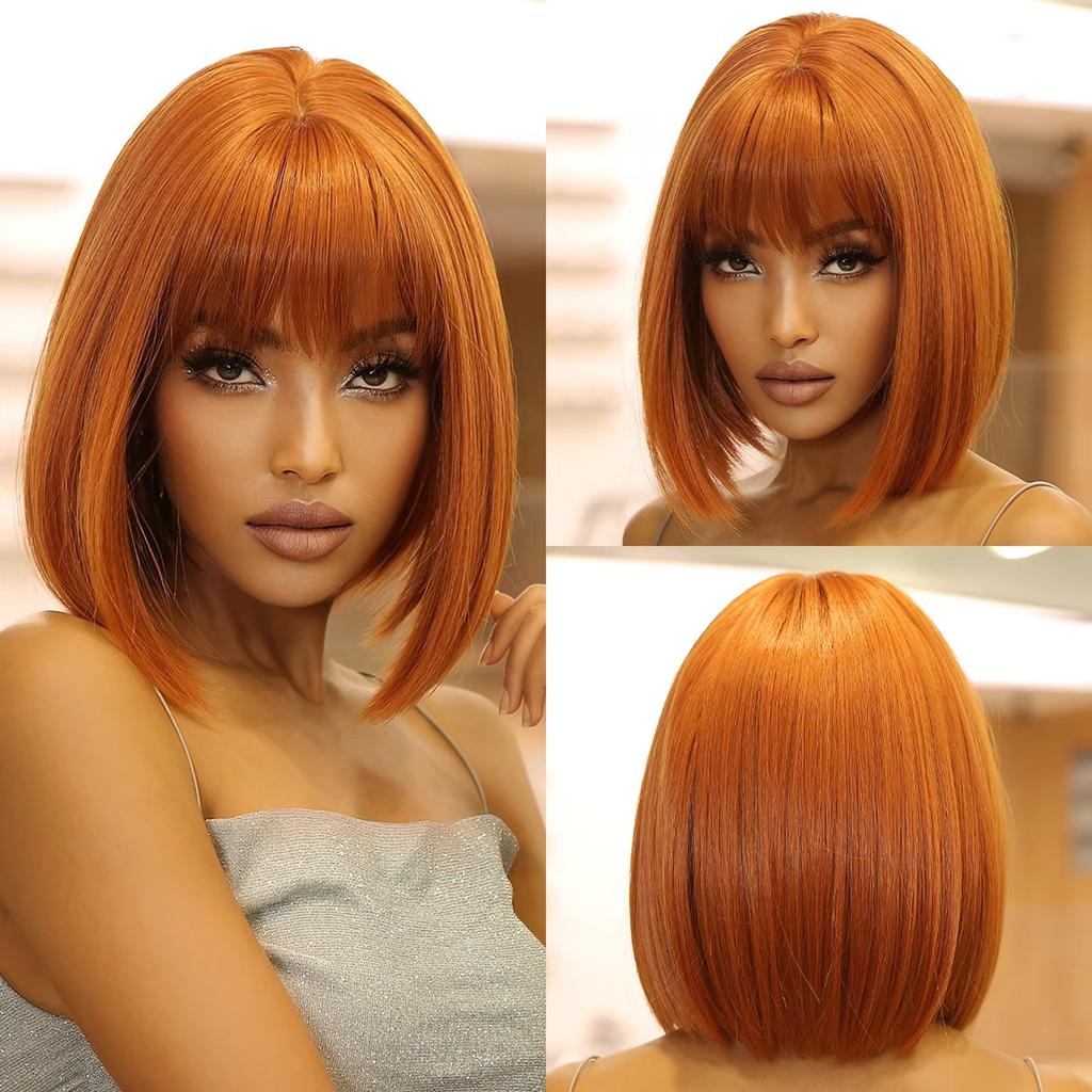 Bob Black Synthetic Wigs Straight Cosplay Short Daily Natural Looking Hair Wig with Bangs Heat Resistant Fiber for Women Afro
