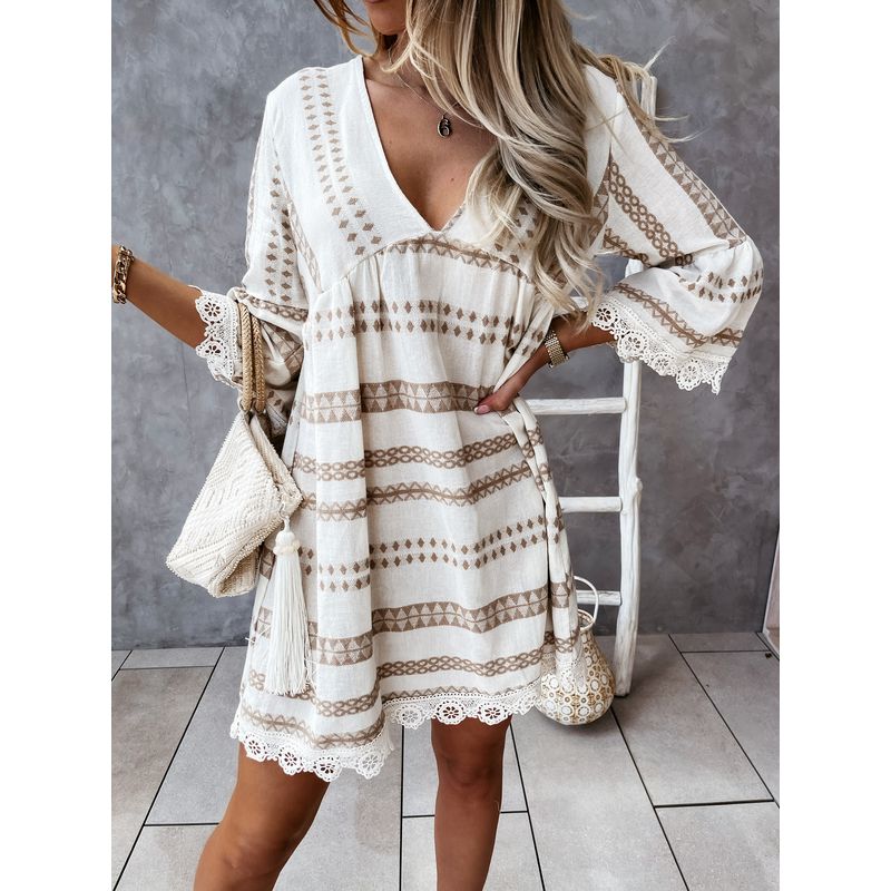 

Loose-Fit Rhombus Stripe Lace Deep V Sleeve Dress Apricot XL