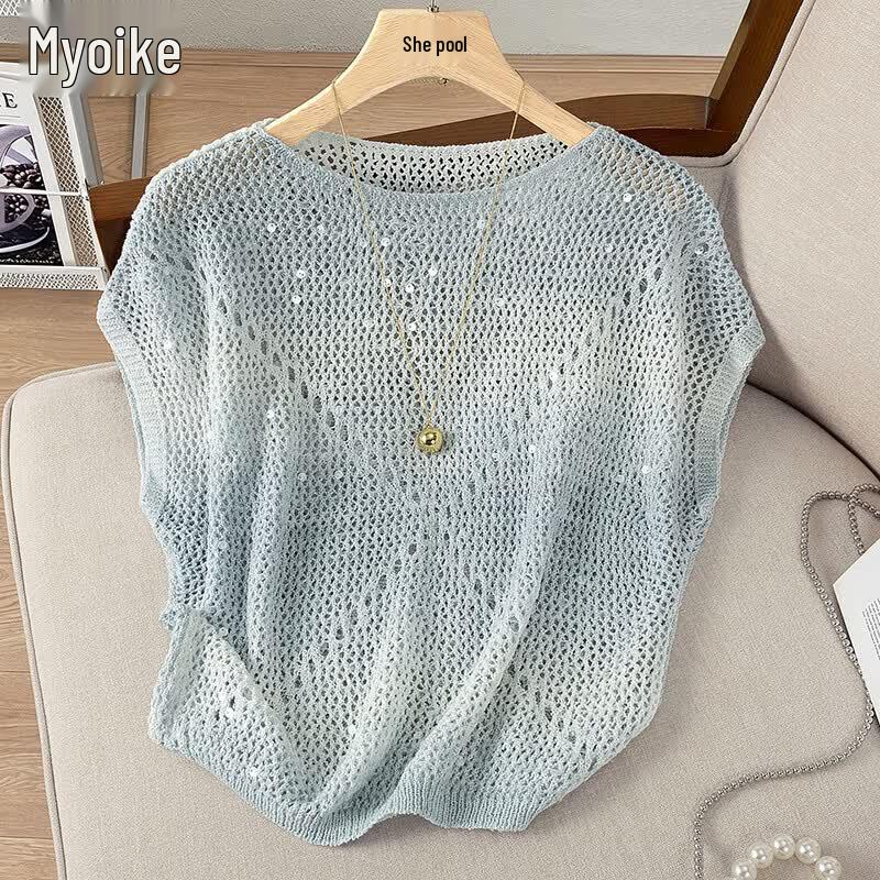 Women s Hollow Out Sequin Knit Sleeveless Pullover Top One Size