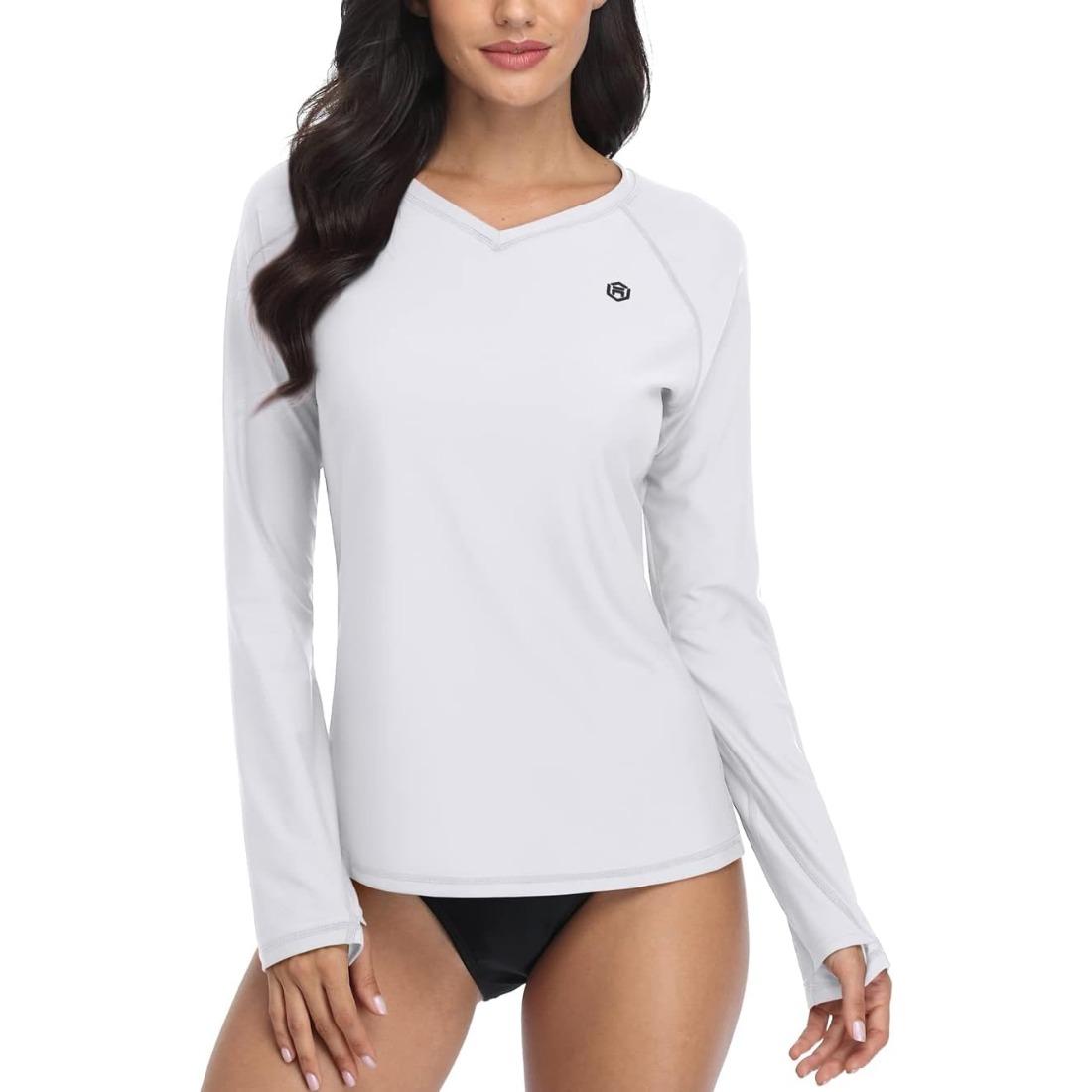 

Женская рубашка для плавания Charmleaks Rash Guard с длинным рукавом и защитой от солнца, отверстие для большого пальца, UPF 50, V-образный вырез S