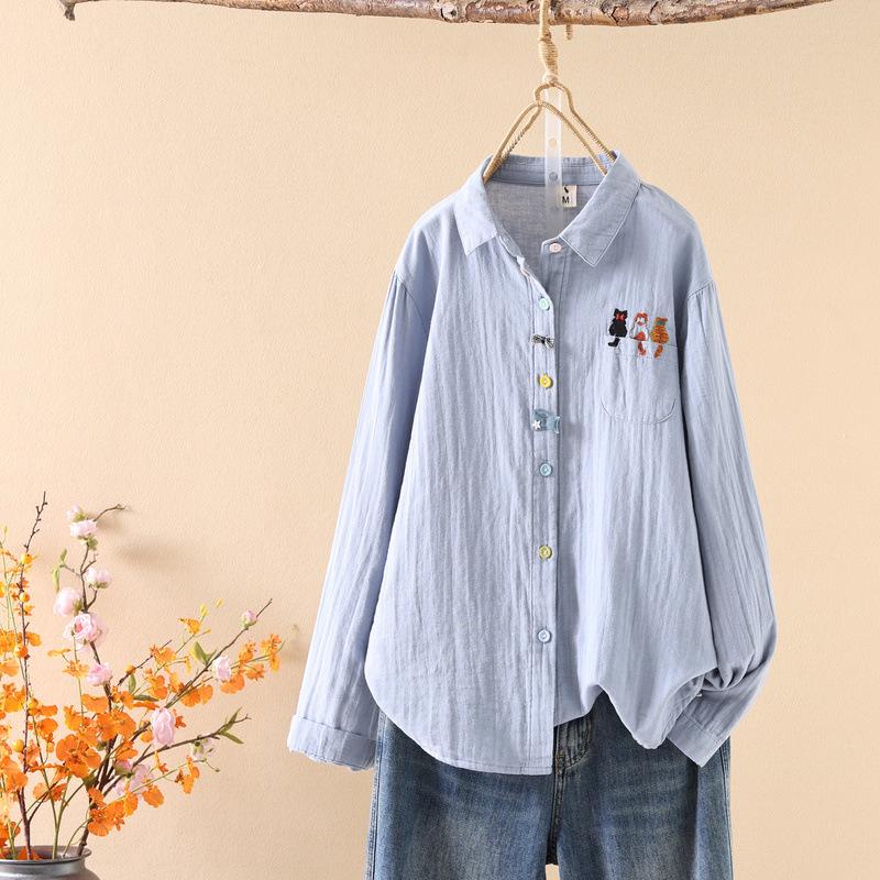 

Spring 2026 Women s Cartoon Embroidery Gauze Long Sleeve Cardigan Shirt Large синій