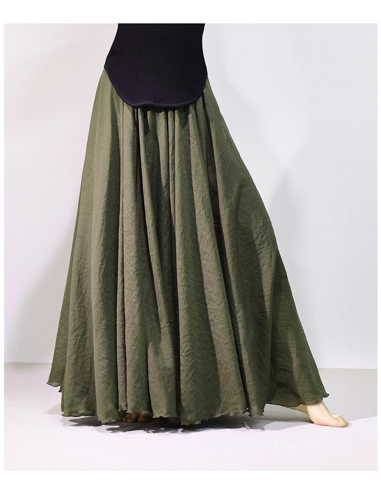Mori Girl Cotton Linen A-Line Skirt: Elastic Waist, Long Solid Color, National Style Swing