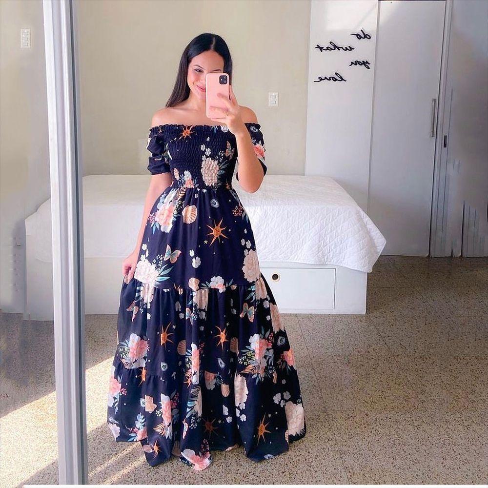 Women's Dress One-word Shoulder Floral Off-the-shoulder Long Printed Fairy Skirt