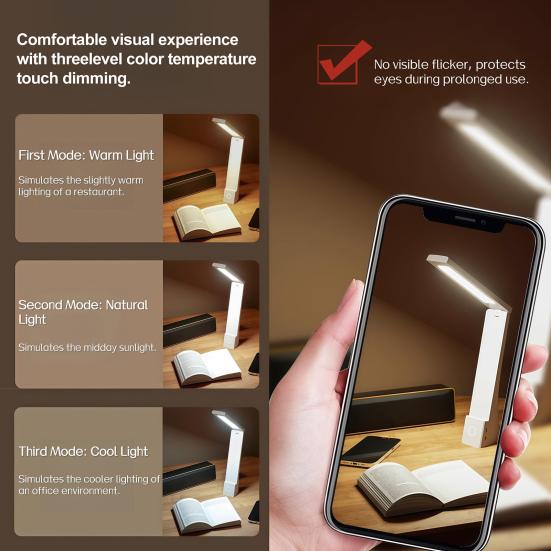 LED Desk Lamp Touch Control Foldable Table Lamp 3 Color Stepless Dimmable Bedside Light for Living Room Dorm Home Office