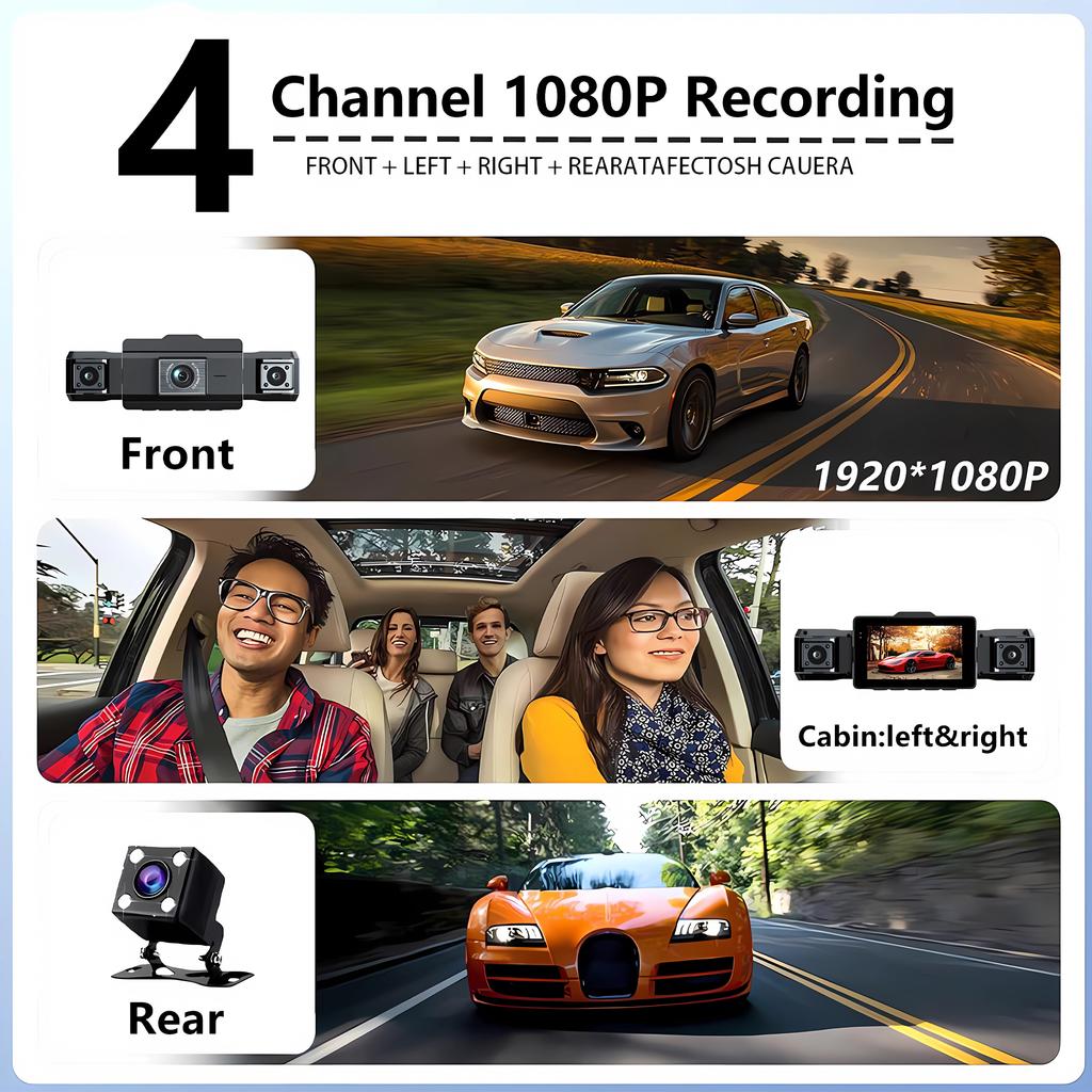 1080P Quad Dash Cam, 4-Channel 4-Screen Display, WiFi, Phone Sync, Rear View, Night Vision, Wide Angle