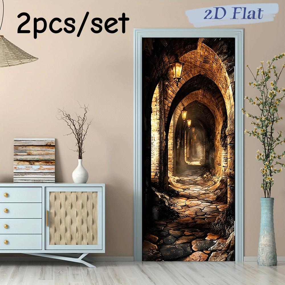 2pcs Medieval Retro Castle Tunnel Wall Stickers, Three-dimensional Arch Corridor Stickers, Living Room Entrance Background Wall